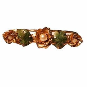 Vintage 2.5" Golden Rose Bar Brooch Green Jade Gemstones & Pearl Centers